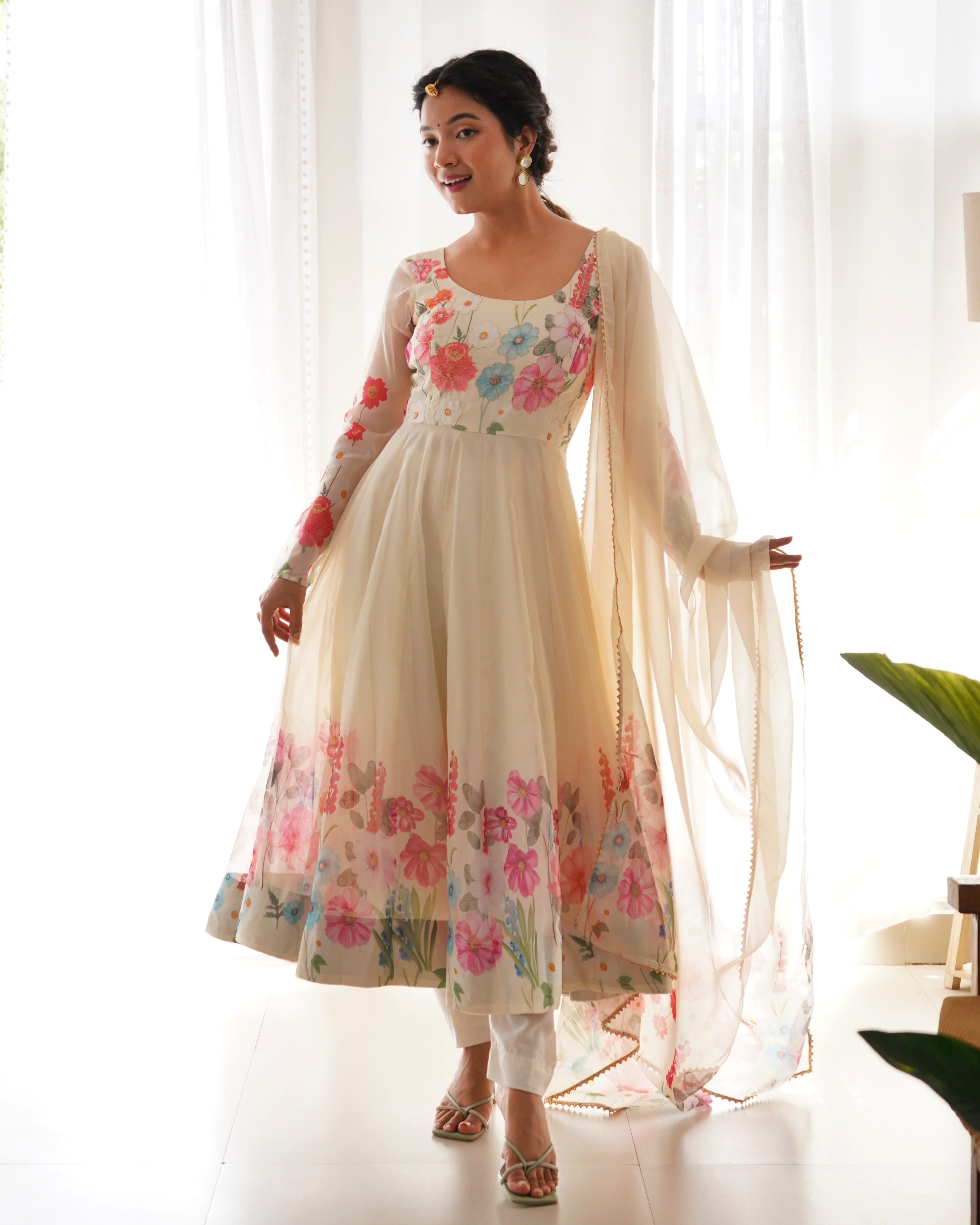 Digitally Printed & Embroidered Yoke Pure Soft Organza Anarkali Suit With Huge Flair Comes With Duppatta