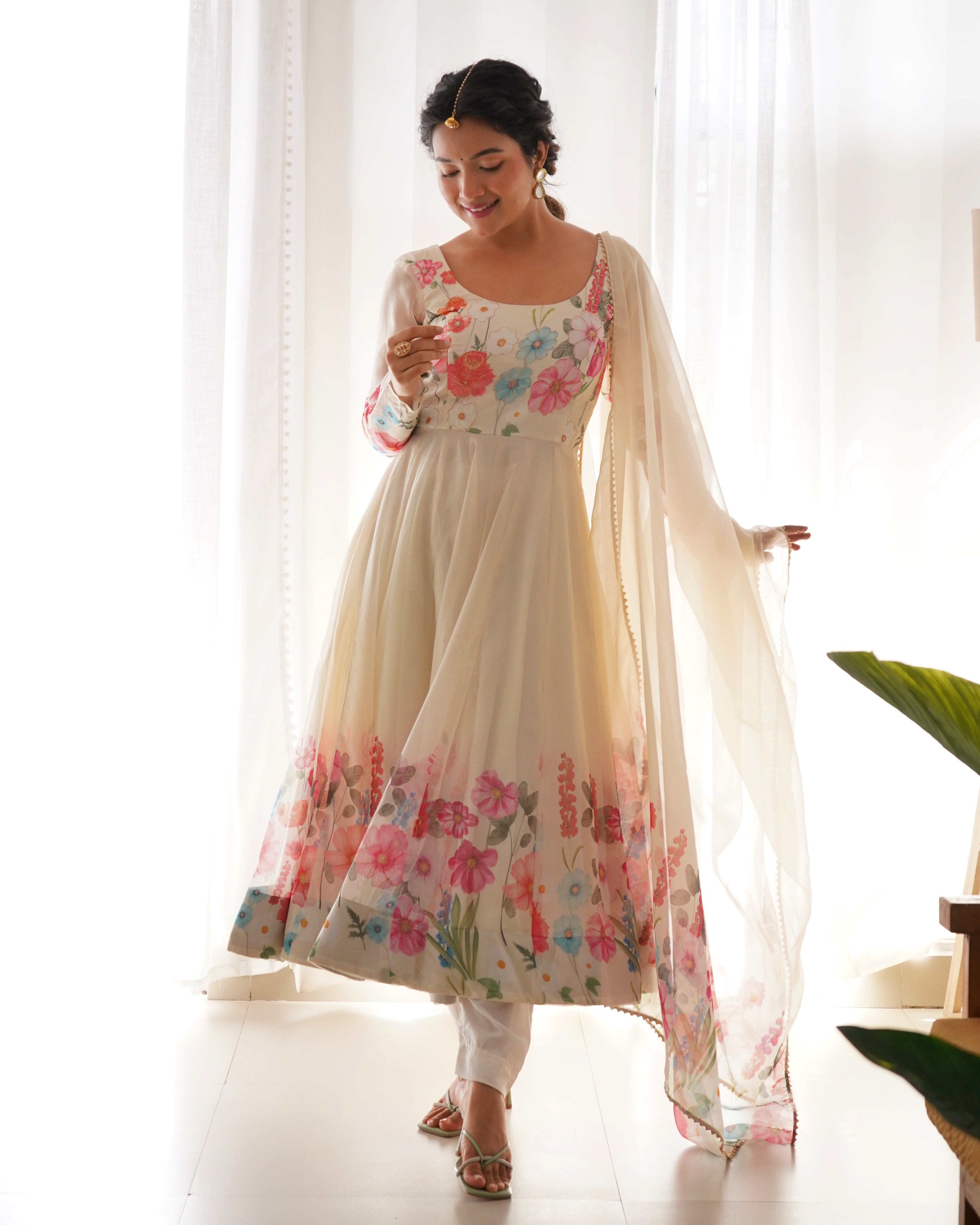 Digitally Printed & Embroidered Yoke Pure Soft Organza Anarkali Suit With Huge Flair Comes With Duppatta