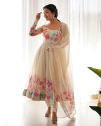 Digitally Printed & Embroidered Yoke Pure Soft Organza Anarkali Suit With Huge Flair Comes With Duppatta