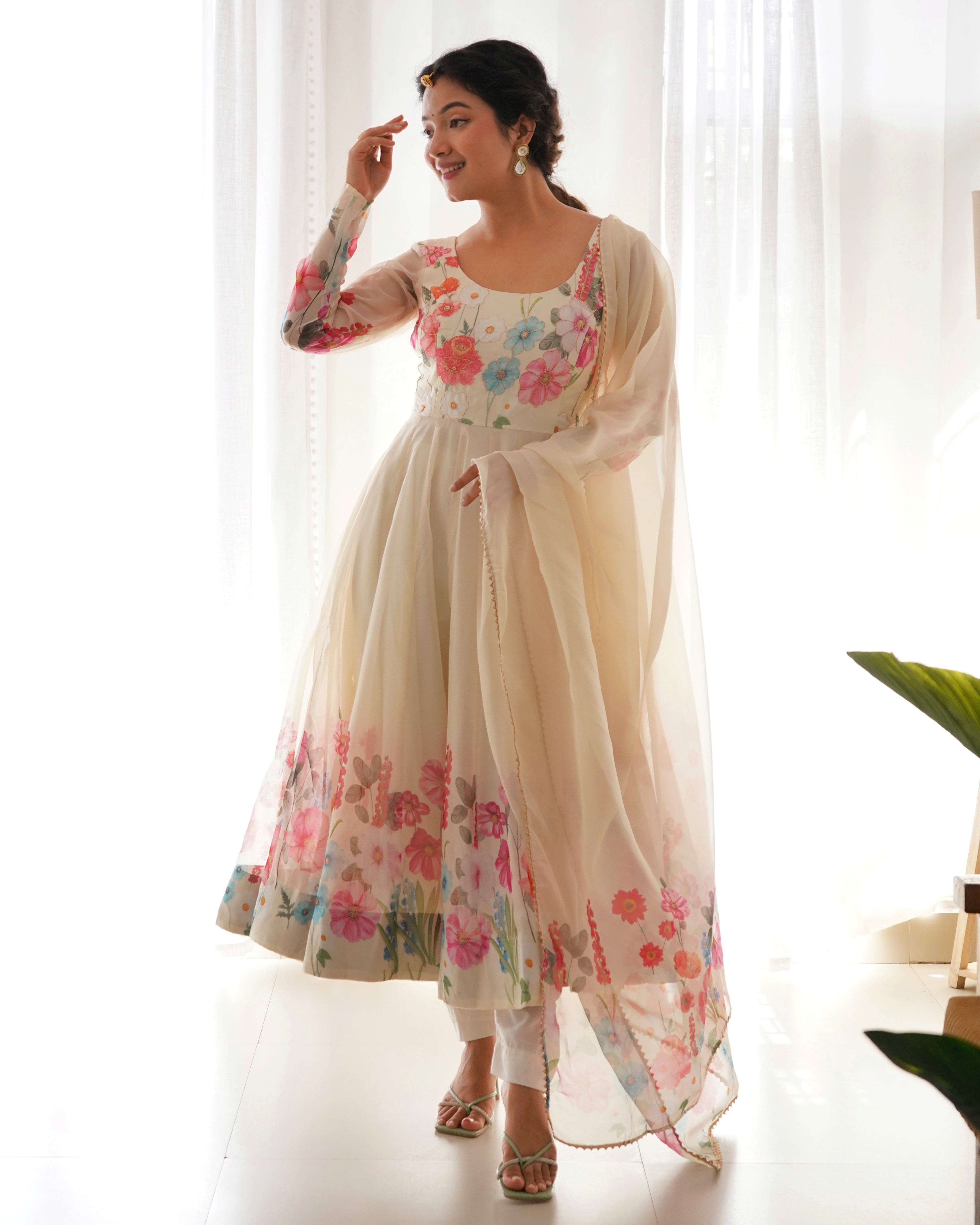 Digitally Printed & Embroidered Yoke Pure Soft Organza Anarkali Suit With Huge Flair Comes With Duppatta