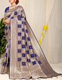 Designer Navy Blue Kanjivaram Silk Saree With Glittering Blouse Piece