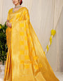 Eye-catching Yellow Kanjivaram Silk Saree With Glittering Blouse Piece