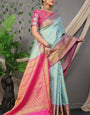 Prominent Sky Soft Banarasi Silk Saree With Divine Blouse Piece