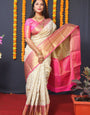 Outstanding Beige Kanjivaram Silk Saree With Extraordinary Blouse Piece