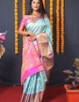 Beautiful sky Kanjivaram Silk Saree With Extraordinary Blouse Piece