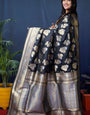 Adorning Black Kanjivaram Silk Saree With Glittering Blouse Piece