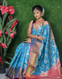 Woebegone Firozi Kanjivaram Silk Saree With Surpassing Blouse Piece