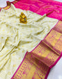 Trendy Beige Soft Banarasi Silk Saree With Elision Blouse Piece