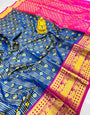 Attractive Navy Blue Soft Banarasi Silk Saree With Elision Blouse Piece