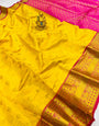 Demanding Yellow Soft Banarasi Silk Saree With Elision Blouse Piece