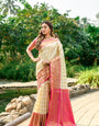 Glowing Off White Kanjivaram Silk Saree and Fugacious Blouse Piece