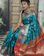 Gratifying Firozi Banarasi Silk Saree With Fairytale Blouse Piece