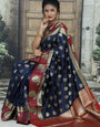 Dazzling Navy Blue Banarasi Silk Saree With Fairytale Blouse Piece