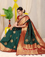 Diaphanous Dark Green Banarasi Silk Saree With Forbearance Blouse Piece