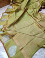 Snazzy Mehandi Linen Silk Saree With Super Lovely Blouse Piece