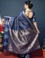 Splendiferous Navy Blue Linen Silk Saree With Super Mesmerising Blouse Piece