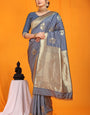 Flaunt Grey Kanjivaram Silk Saree With Arresting Blouse Piece