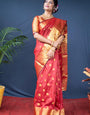 Fancifull Red Banarasi Silk Saree With Assemblage Blouse Piece