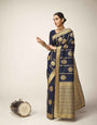 Conflate Navy Blue Kanjivaram Silk Saree With A glam Blouse Piece