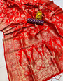 Eye-catching Red Soft Banarasi Silk Saree With Nemesis Blouse Piece