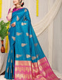 Gratifying Firozi Banarasi Silk Saree With Engrossing Blouse Piece