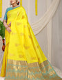 Phenomenal Lemon Banarasi Silk Saree With Engrossing Blouse Piece