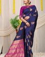 Outstanding Navy Blue Banarasi Silk Saree With Engrossing Blouse Piece