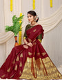 Glowing Wine Banarasi Silk Saree With Engrossing Blouse Piece