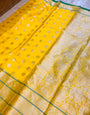 Sensational Yellow Banarasi Silk Saree and Incredible Golden Blouse Piece