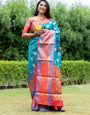 Tempting Firozi Banarasi Silk Saree With Ebullience Blouse Piece