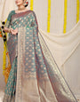 Dazzling Grey Soft Banarasi Silk Saree With Bewitching Blouse Piece