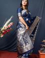 Palimpsest Navy Blue Kanjivaram Silk Saree With Demure Blouse Piece