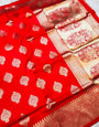 Fugacious Red Kanjivaram Silk Saree With Super extravagant Blouse Piece