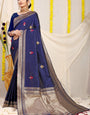 Stylish Navy Blue Banarasi Silk Saree With Magnetic Blouse Piece