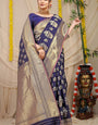 Artistic Navy Blue Kanjivaram Silk Saree With Seraglio Blouse Piece