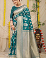 Fantabulous Rama Kanjivaram Silk Saree With Seraglio Blouse Piece