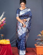 Classy Navy Blue Paithani Silk Saree With Magnetic Blouse Piece