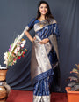 Gleaming Navy Blue Banarasi Silk Saree With Pretty Blouse Piece