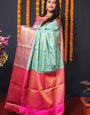 Prominent Sky Kanjivaram Silk Saree With Redolent Blouse Piece