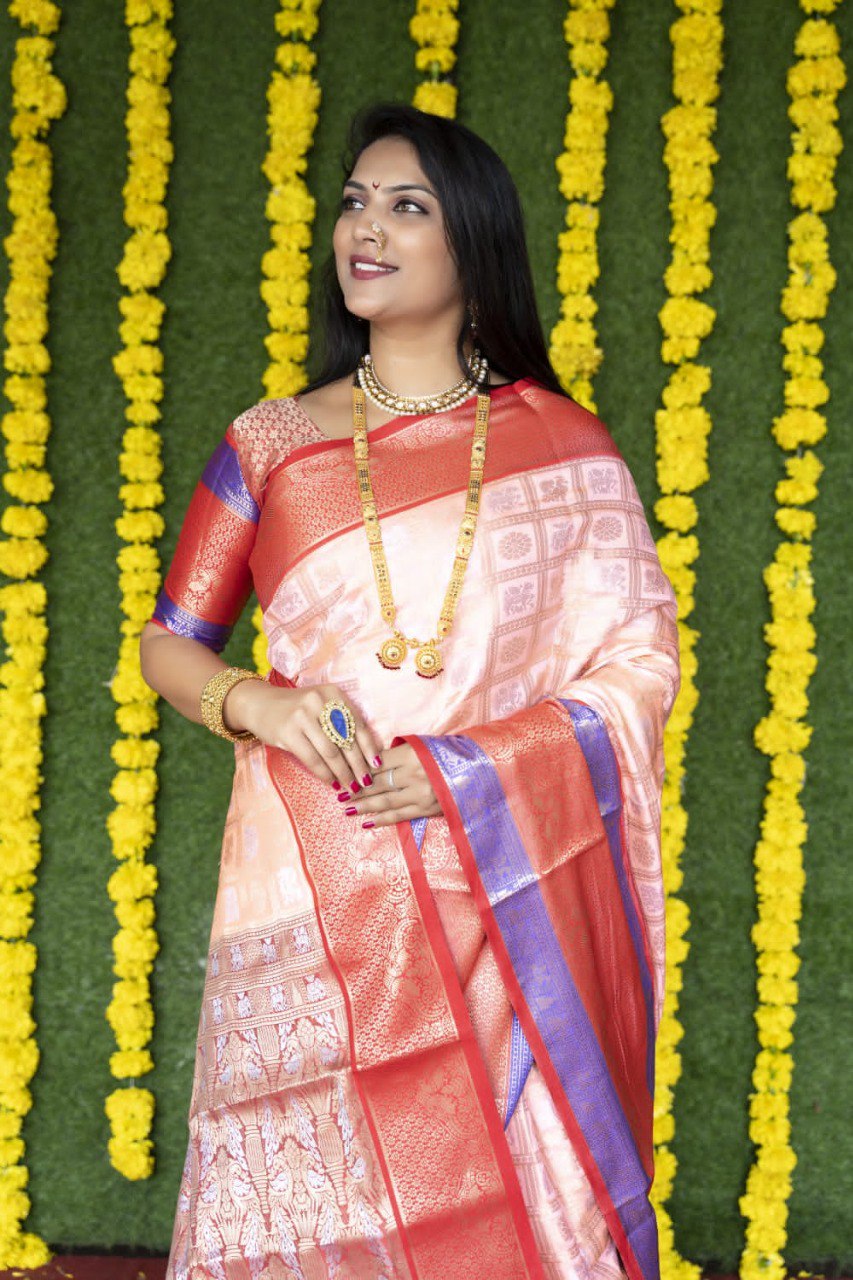 Buy Crepe Pink Kanjivaram Silk saree online-Karagiri