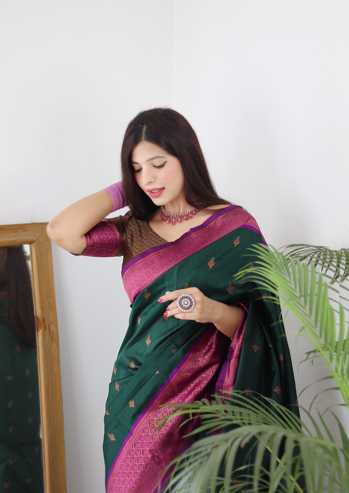 Handwoven Cotton Silk Pink Green Saree|Creative Chaitali|Suta