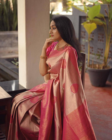 Stunning Peach Color Soft Banarasi Silk Saree With Beauteous Blouse Piece