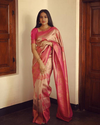 Stunning Peach Color Soft Banarasi Silk Saree With Beauteous Blouse Piece