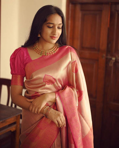 Stunning Peach Color Soft Banarasi Silk Saree With Beauteous Blouse Piece