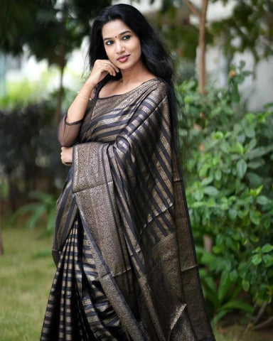 Grey Color Soft Banarasi Silk Saree With Beauteous Blouse Piece