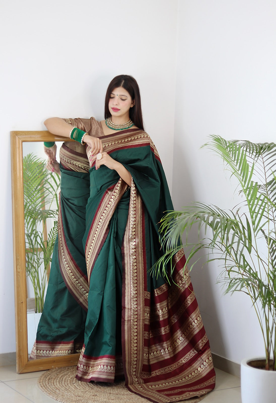 Green With Maroon Border Banarasi Soft Silk Saree Online |Jhakhas