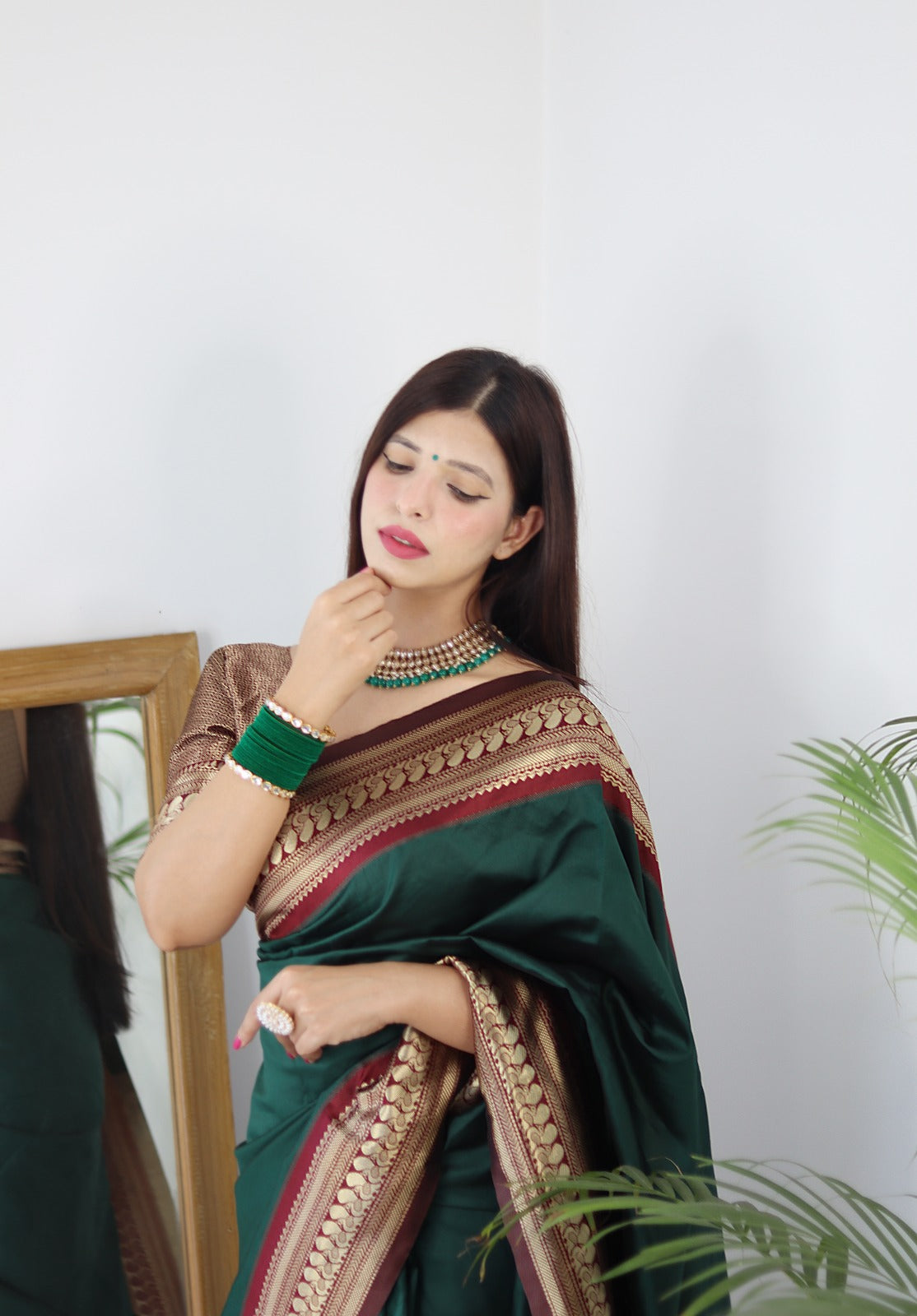 Bridal way! bottle green raw silk blouse complementing a cream n maroon  saree! | Vestuarios