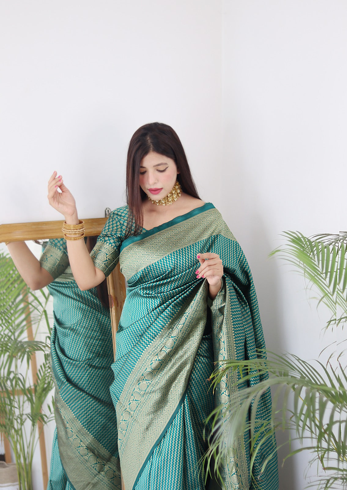 Pastel Green Blue Colour Saree Sari With Stitched Blouse Indian Design –  ishva shop