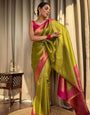 Lime & Pink Border Pure Soft Silk Saree Stylish Blouse Piece