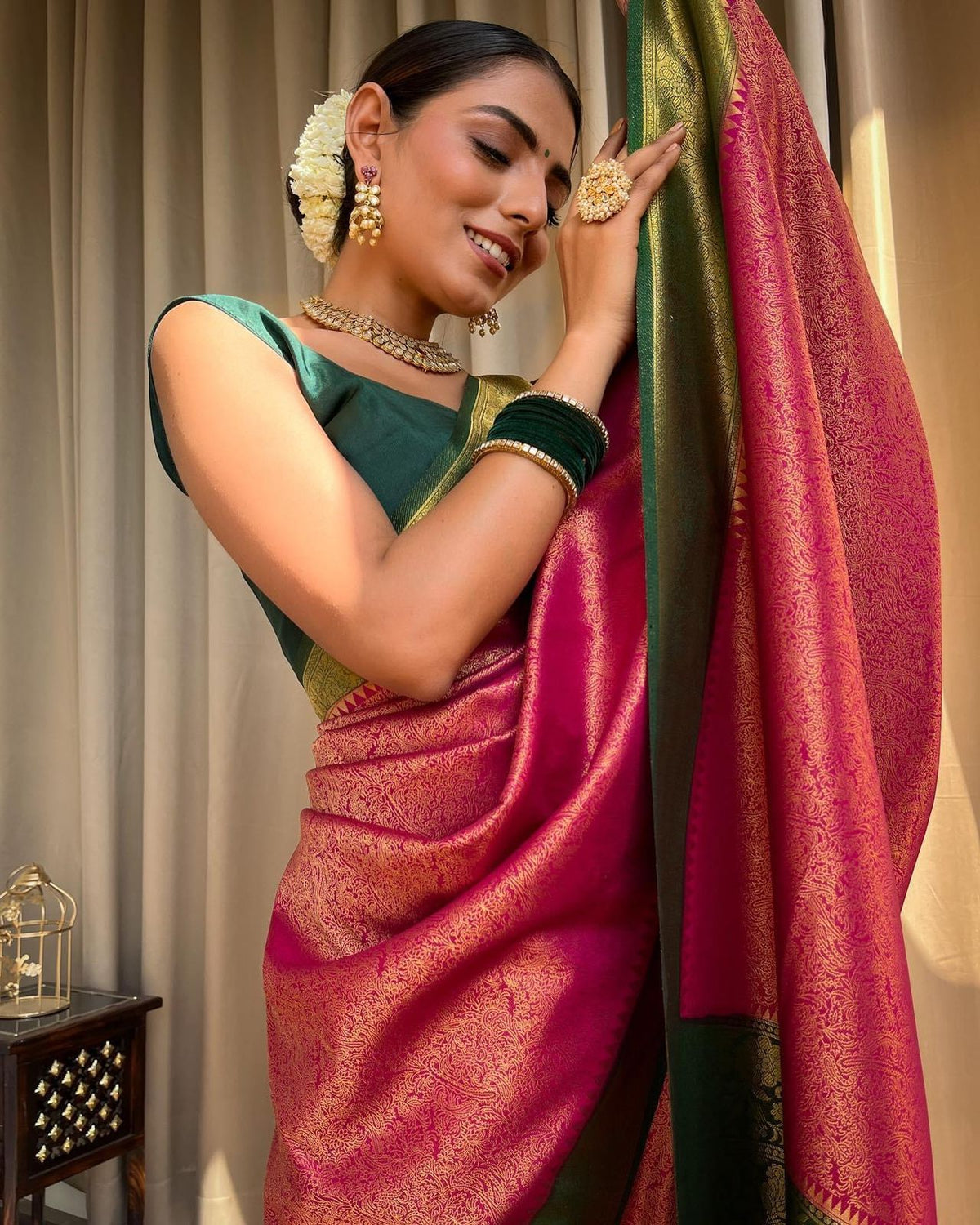 Buy Saree in Green Tissue with Pink Blouse by Designer SHORSHE Online at  Ogaan.com